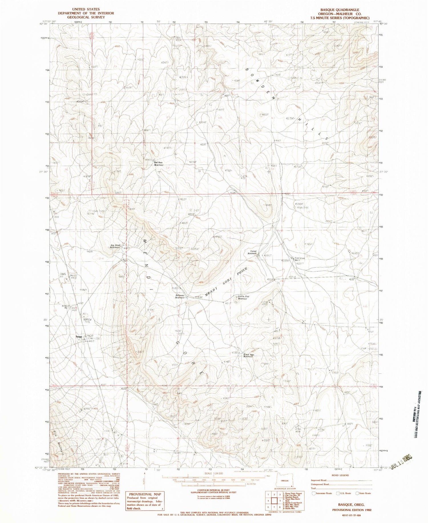 Classic USGS Basque Oregon 7.5'x7.5' Topo Map Image