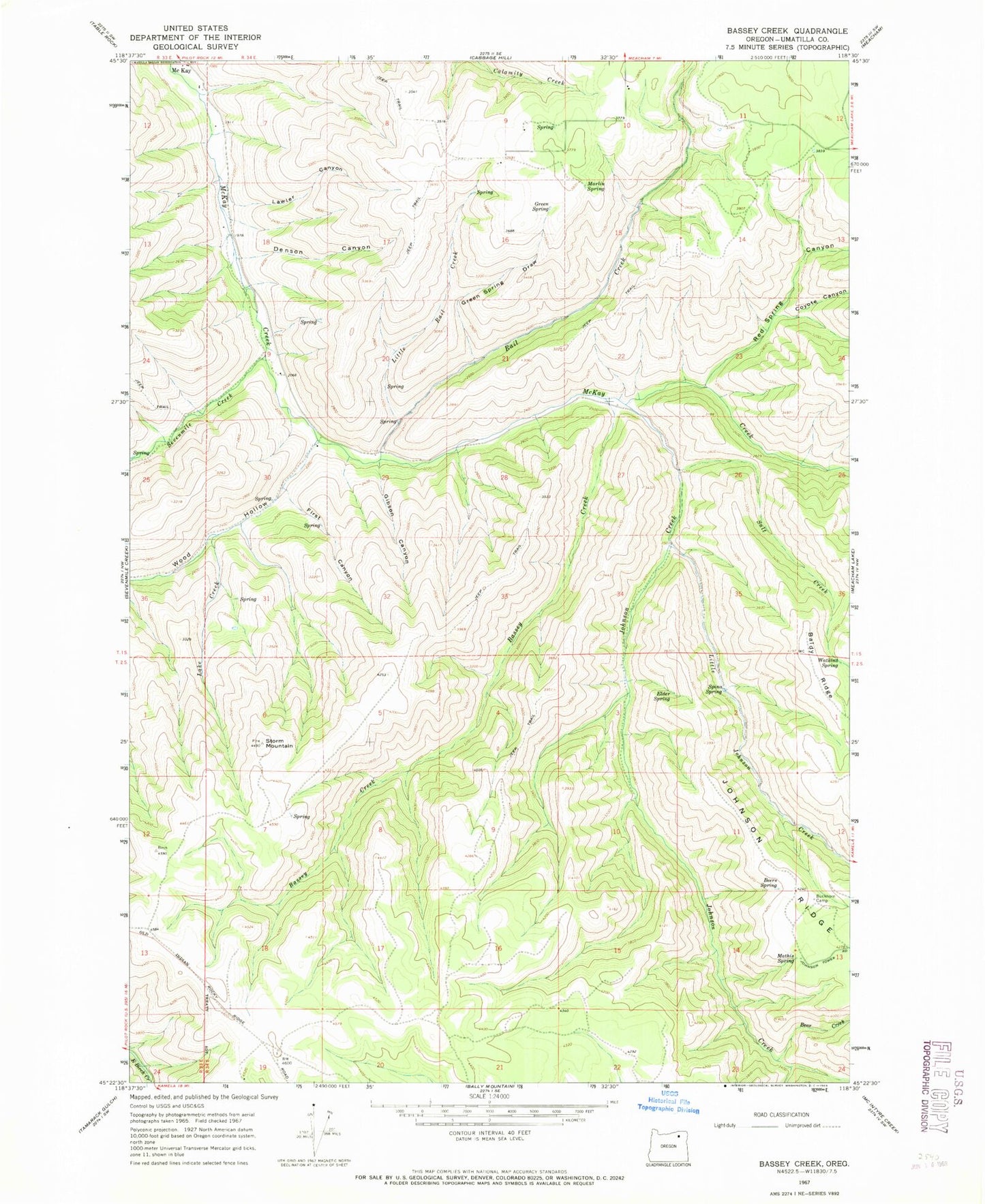 Classic USGS Bassey Creek Oregon 7.5'x7.5' Topo Map Image