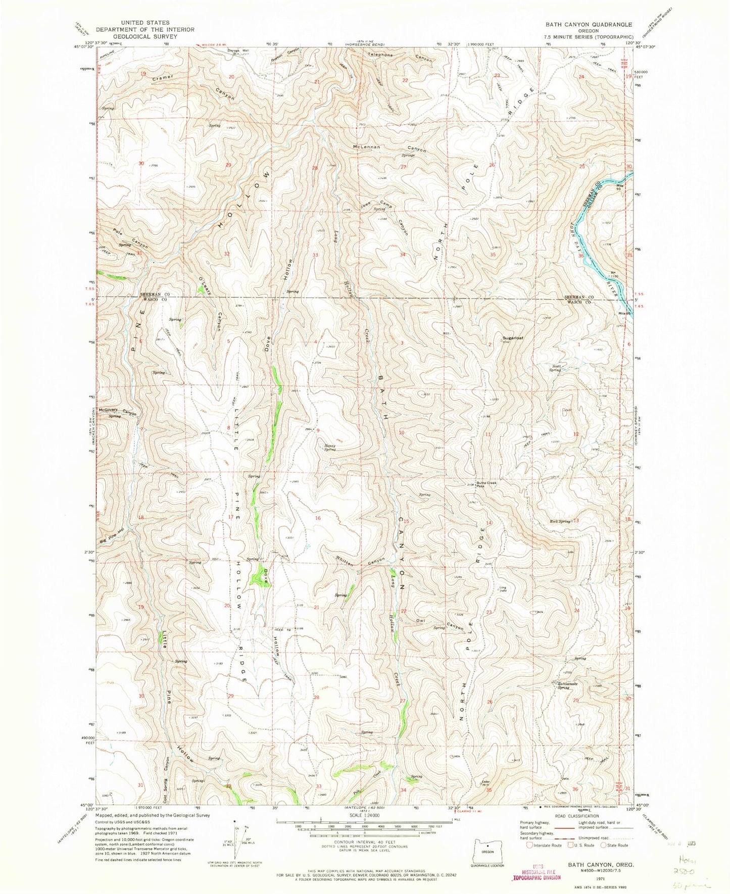 Classic USGS Bath Canyon Oregon 7.5'x7.5' Topo Map Image