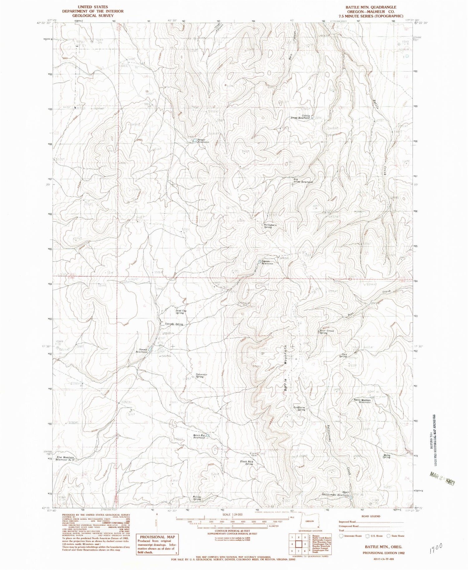 Classic USGS Battle Mountain Oregon 7.5'x7.5' Topo Map Image