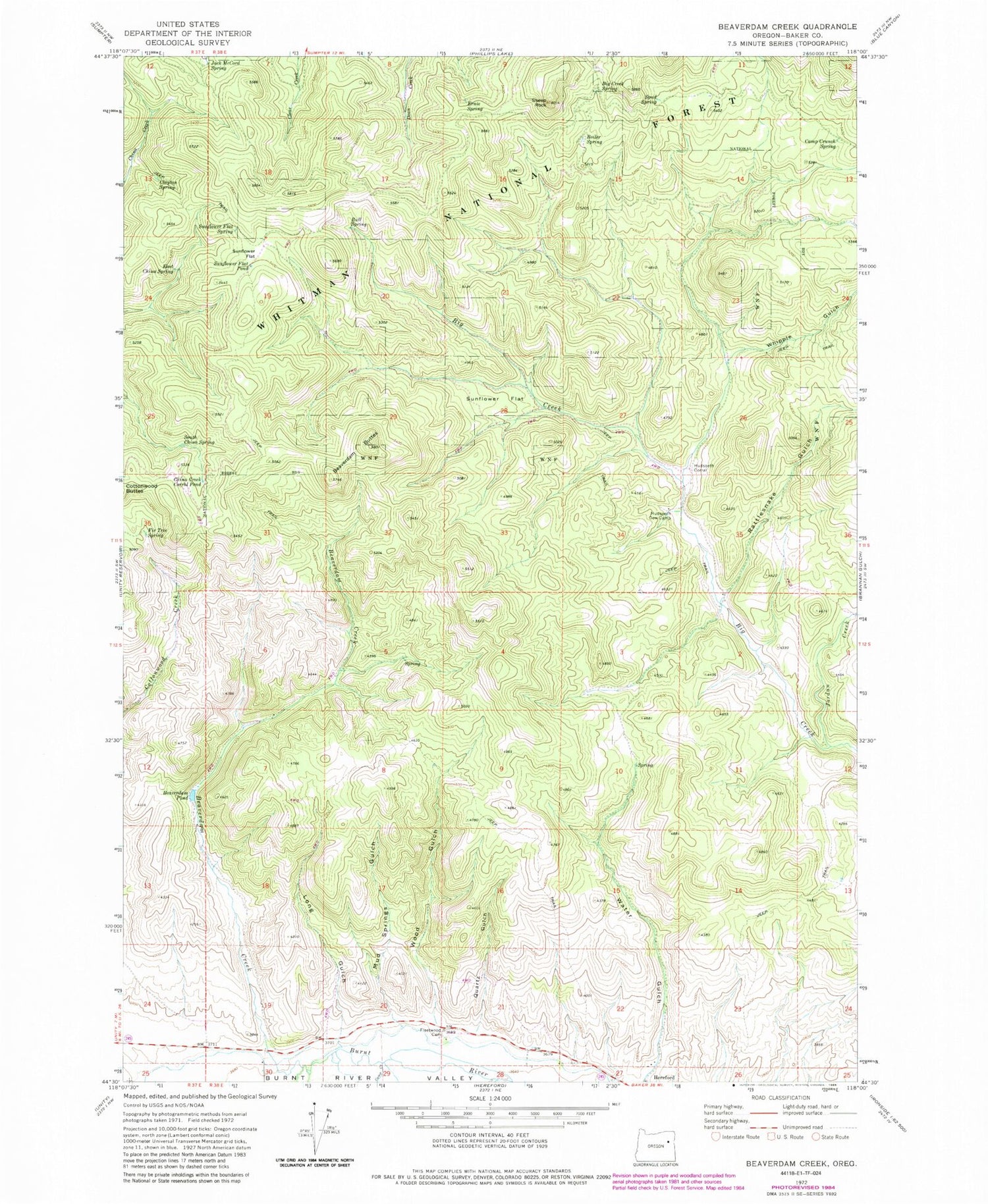 Classic USGS Beaverdam Creek Oregon 7.5'x7.5' Topo Map Image