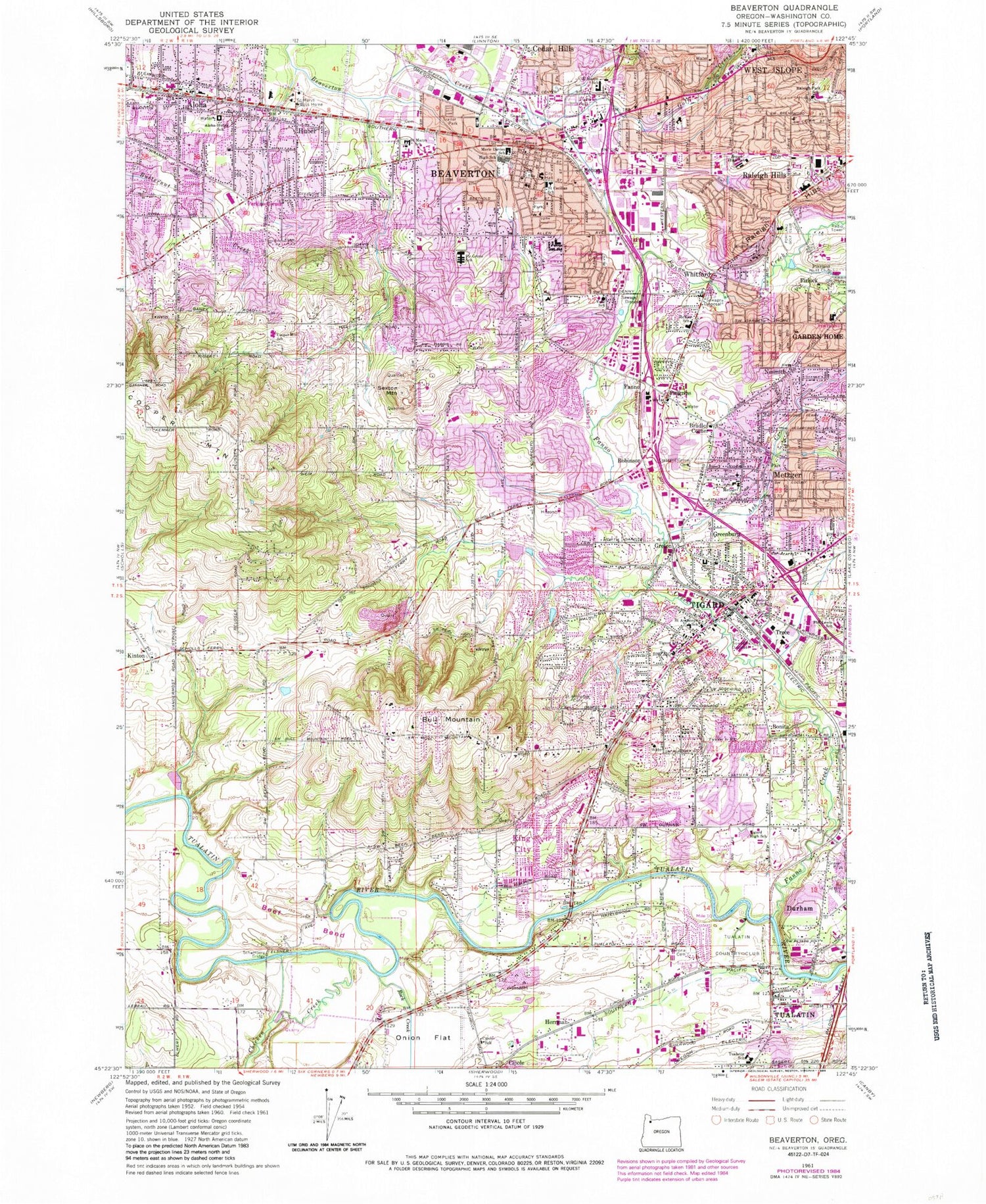 Classic USGS Beaverton Oregon 7.5'x7.5' Topo Map Image