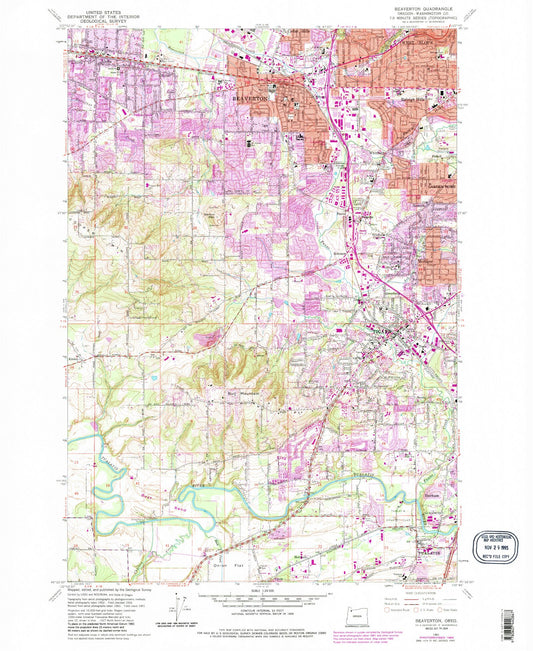 Classic USGS Beaverton Oregon 7.5'x7.5' Topo Map Image
