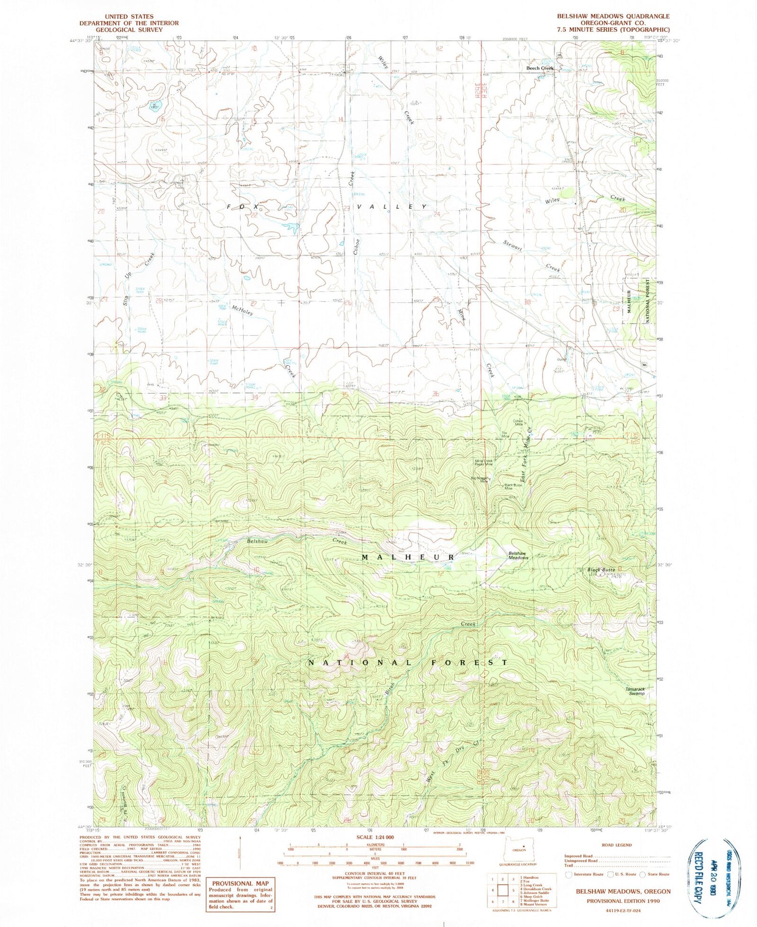 Classic USGS Belshaw Meadows Oregon 7.5'x7.5' Topo Map Image