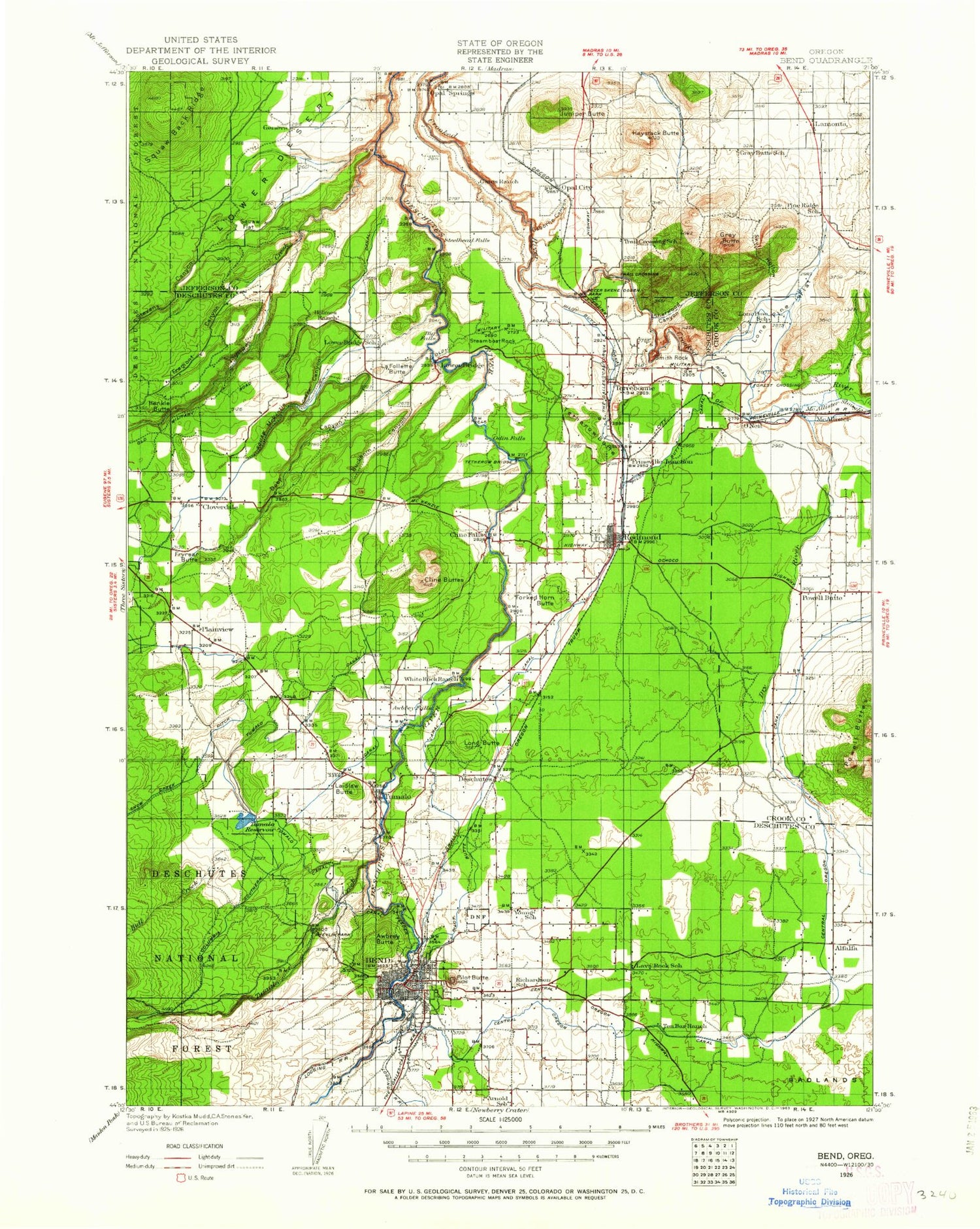 Historic 1926 Bend Oregon 30'x30' Topo Map Image