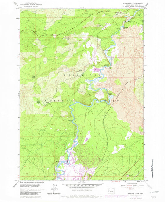 Classic USGS Benham Falls Oregon 7.5'x7.5' Topo Map Image