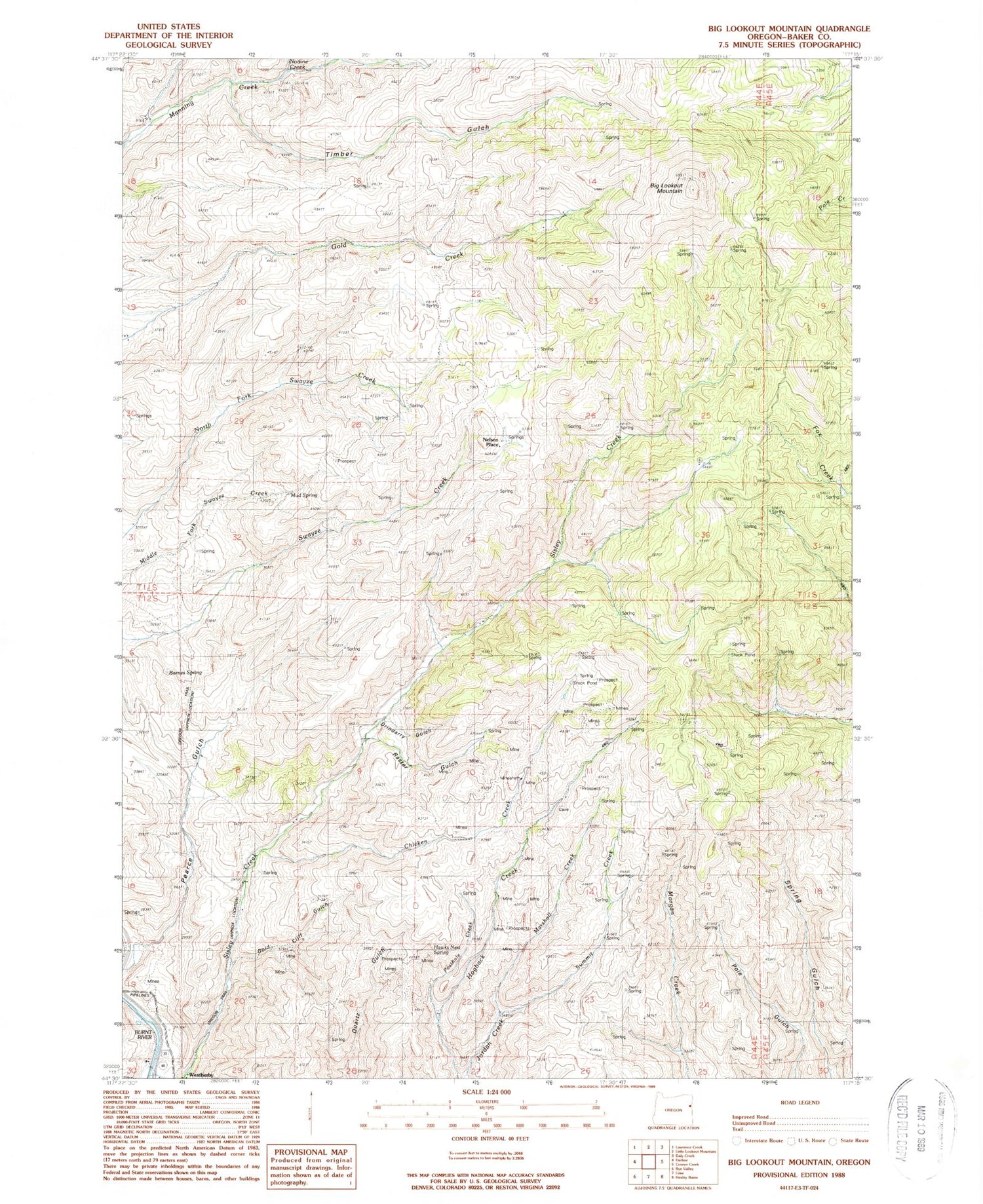 Classic USGS Big Lookout Mountain Oregon 7.5'x7.5' Topo Map Image