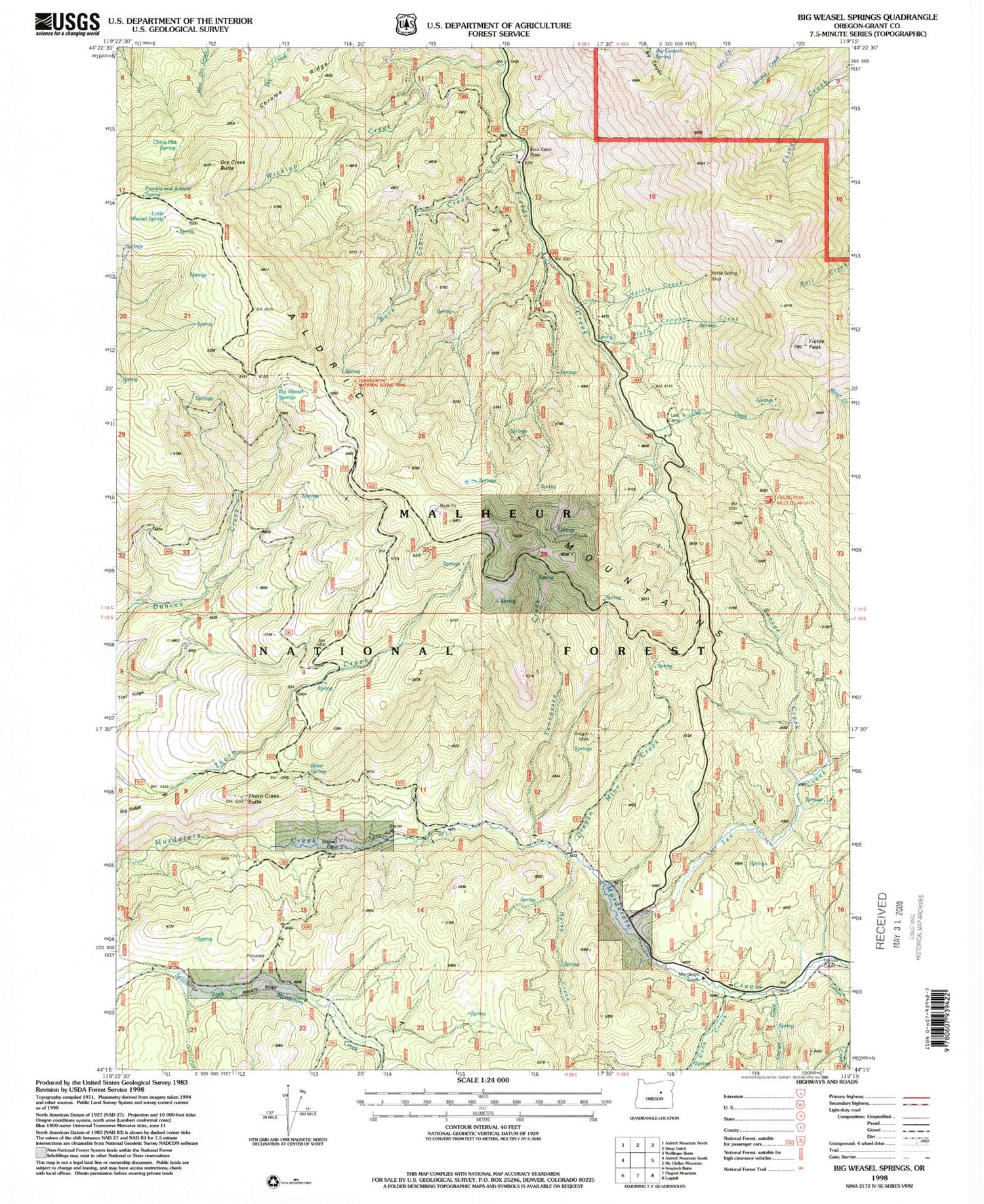 Classic USGS Big Weasel Springs Oregon 7.5'x7.5' Topo Map Image