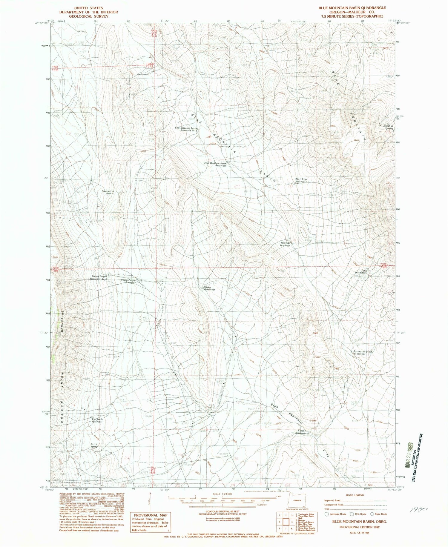 Classic USGS Blue Mountain Basin Oregon 7.5'x7.5' Topo Map Image