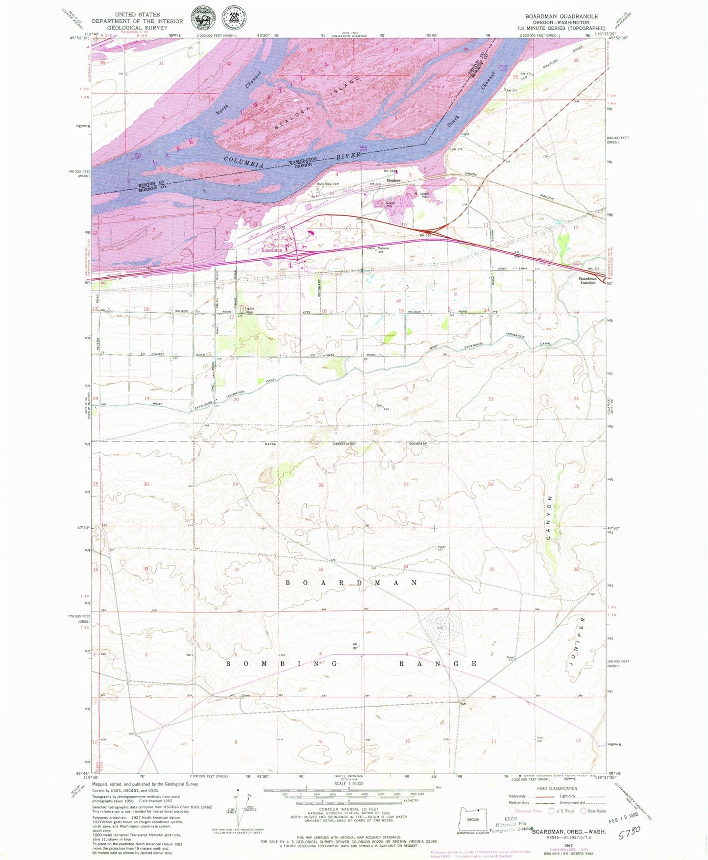 Classic USGS Boardman Oregon 7.5'x7.5' Topo Map Image