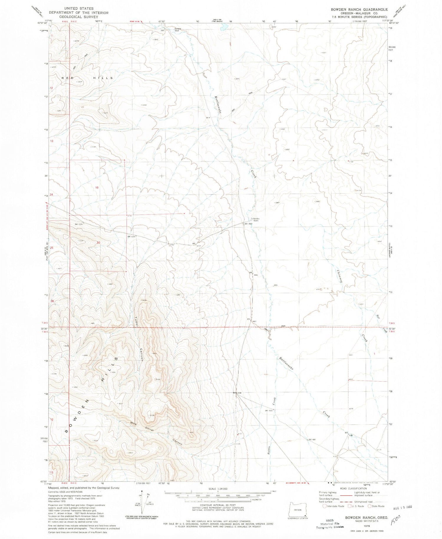 Classic USGS Bowden Ranch Oregon 7.5'x7.5' Topo Map Image