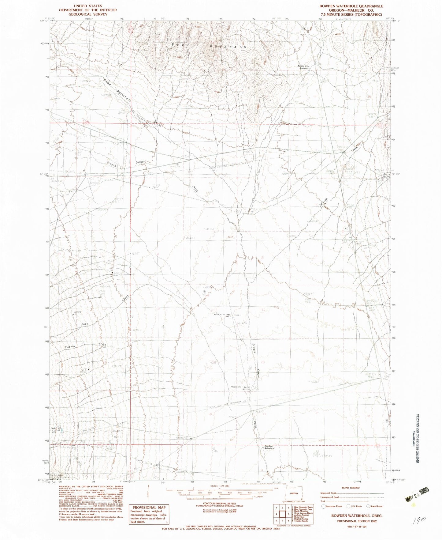 Classic USGS Bowden Waterhole Oregon 7.5'x7.5' Topo Map Image