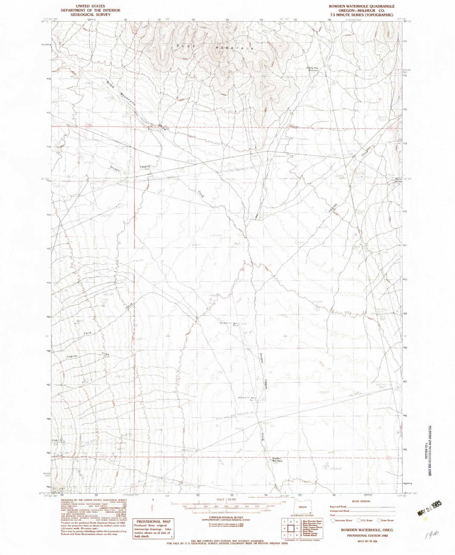 Classic USGS Bowden Waterhole Oregon 7.5'x7.5' Topo Map Image