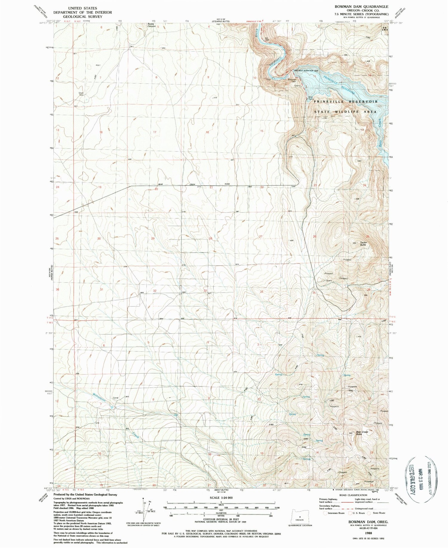 Classic USGS Bowman Dam Oregon 7.5'x7.5' Topo Map Image