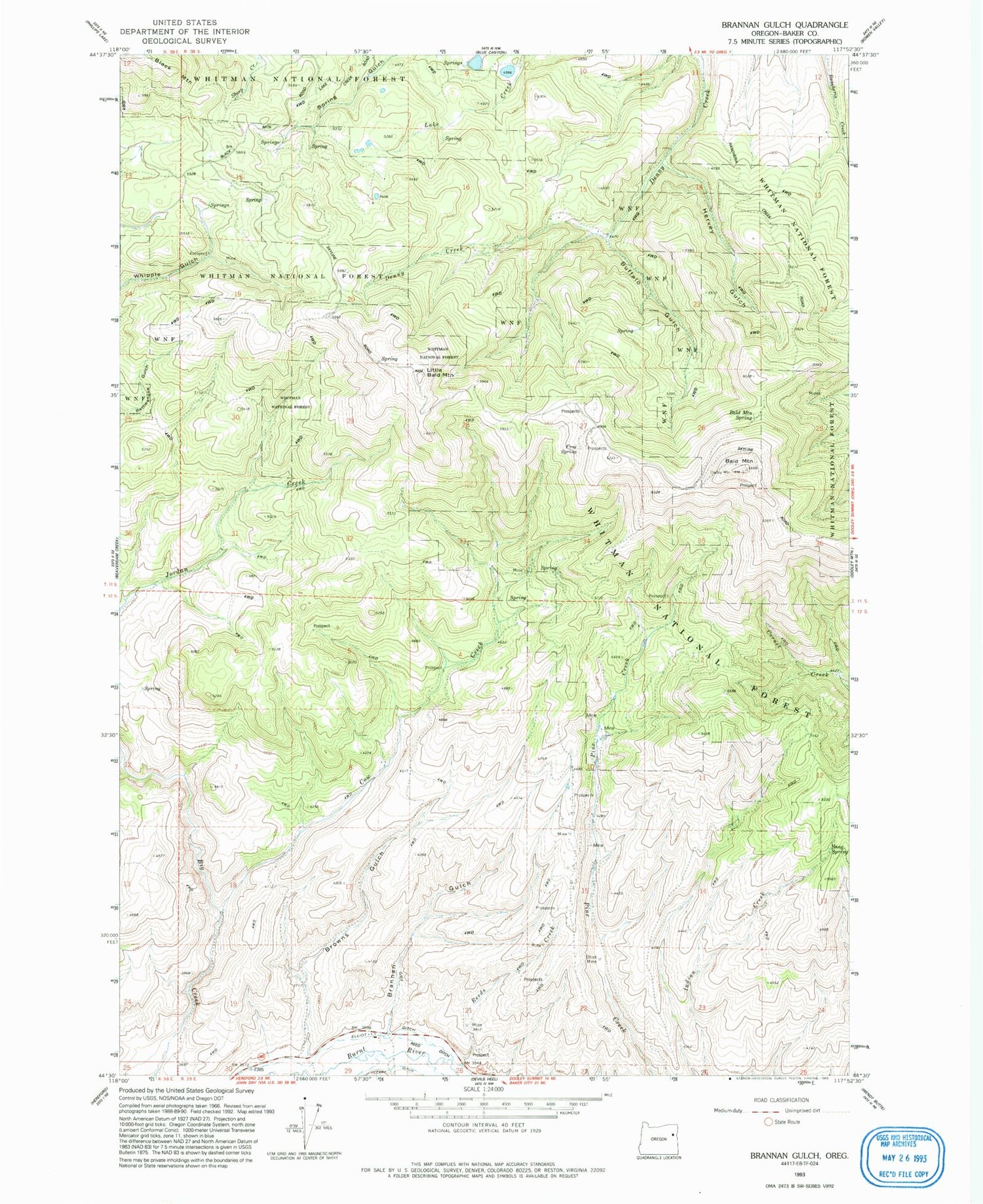 Classic USGS Brannan Gulch Oregon 7.5'x7.5' Topo Map Image
