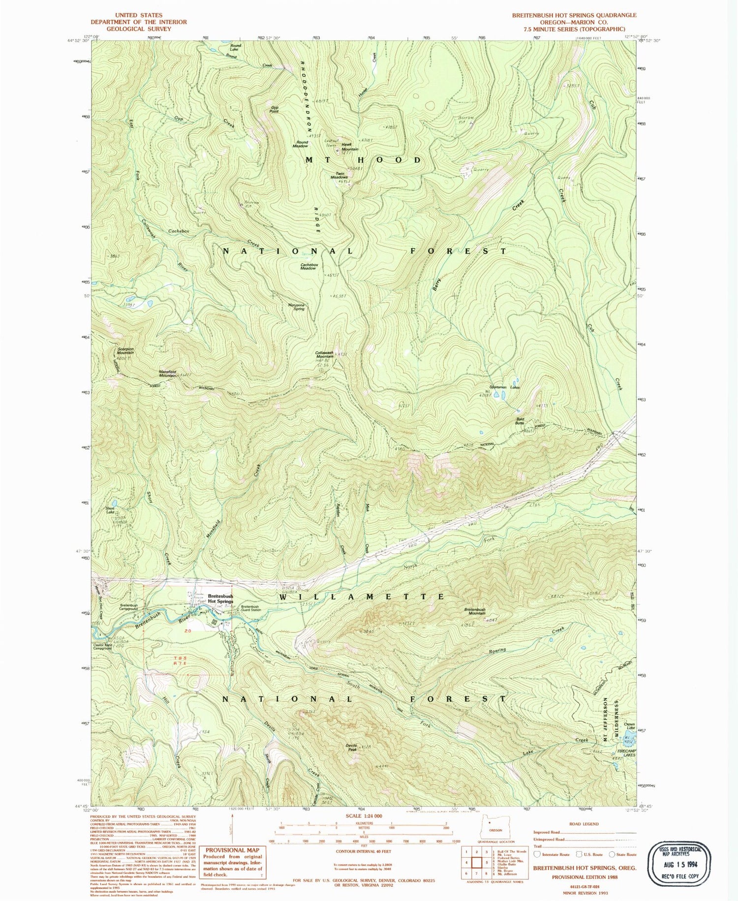 Classic USGS Breitenbush Hot Springs Oregon 7.5'x7.5' Topo Map Image