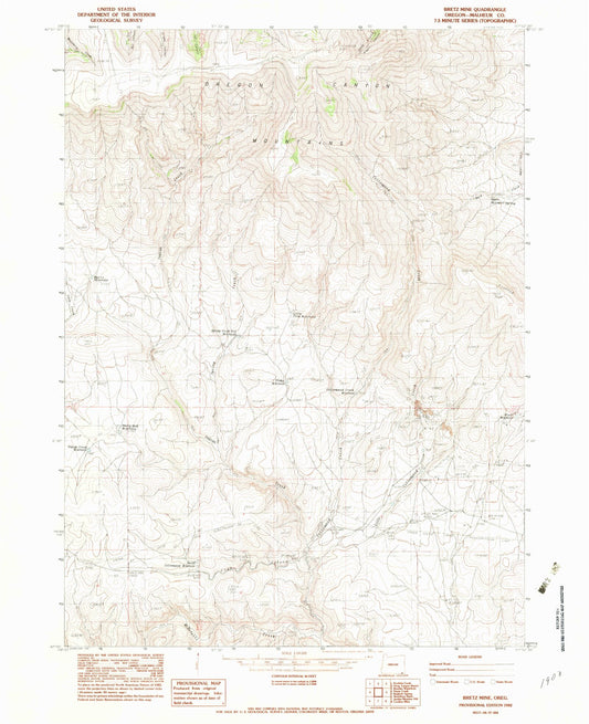 Classic USGS Bretz Mine Oregon 7.5'x7.5' Topo Map Image