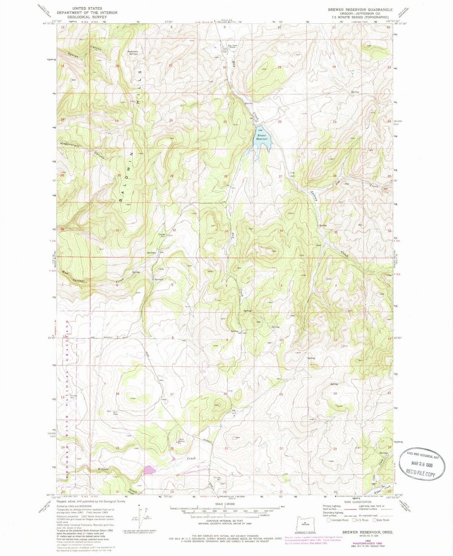 Classic USGS Brewer Reservoir Oregon 7.5'x7.5' Topo Map Image