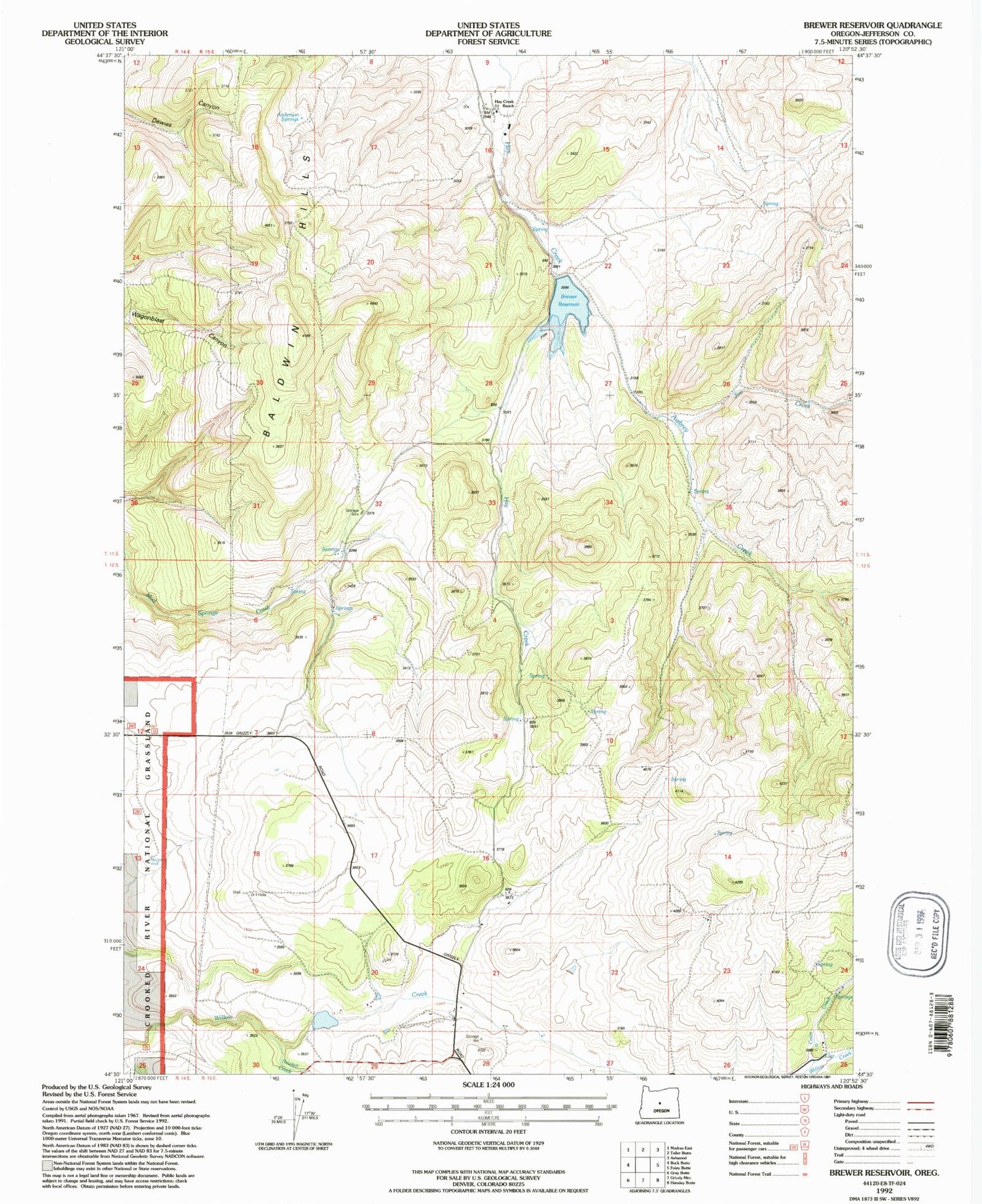 Classic USGS Brewer Reservoir Oregon 7.5'x7.5' Topo Map Image