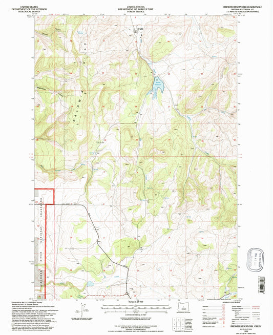 Classic USGS Brewer Reservoir Oregon 7.5'x7.5' Topo Map Image