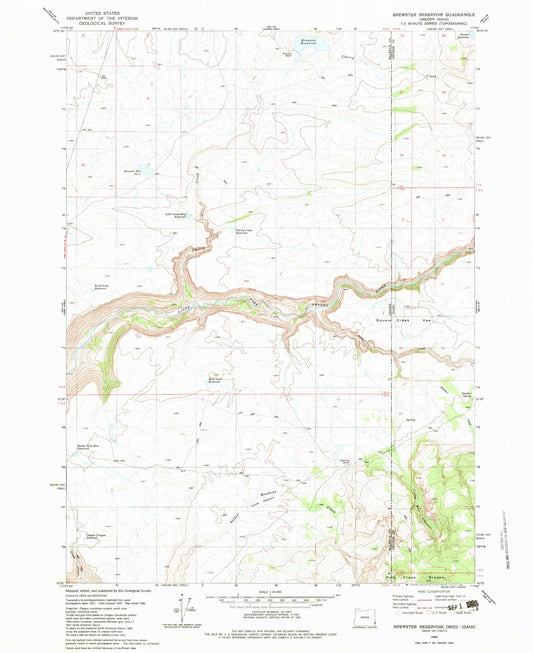 Classic USGS Brewster Reservoir Oregon 7.5'x7.5' Topo Map Image