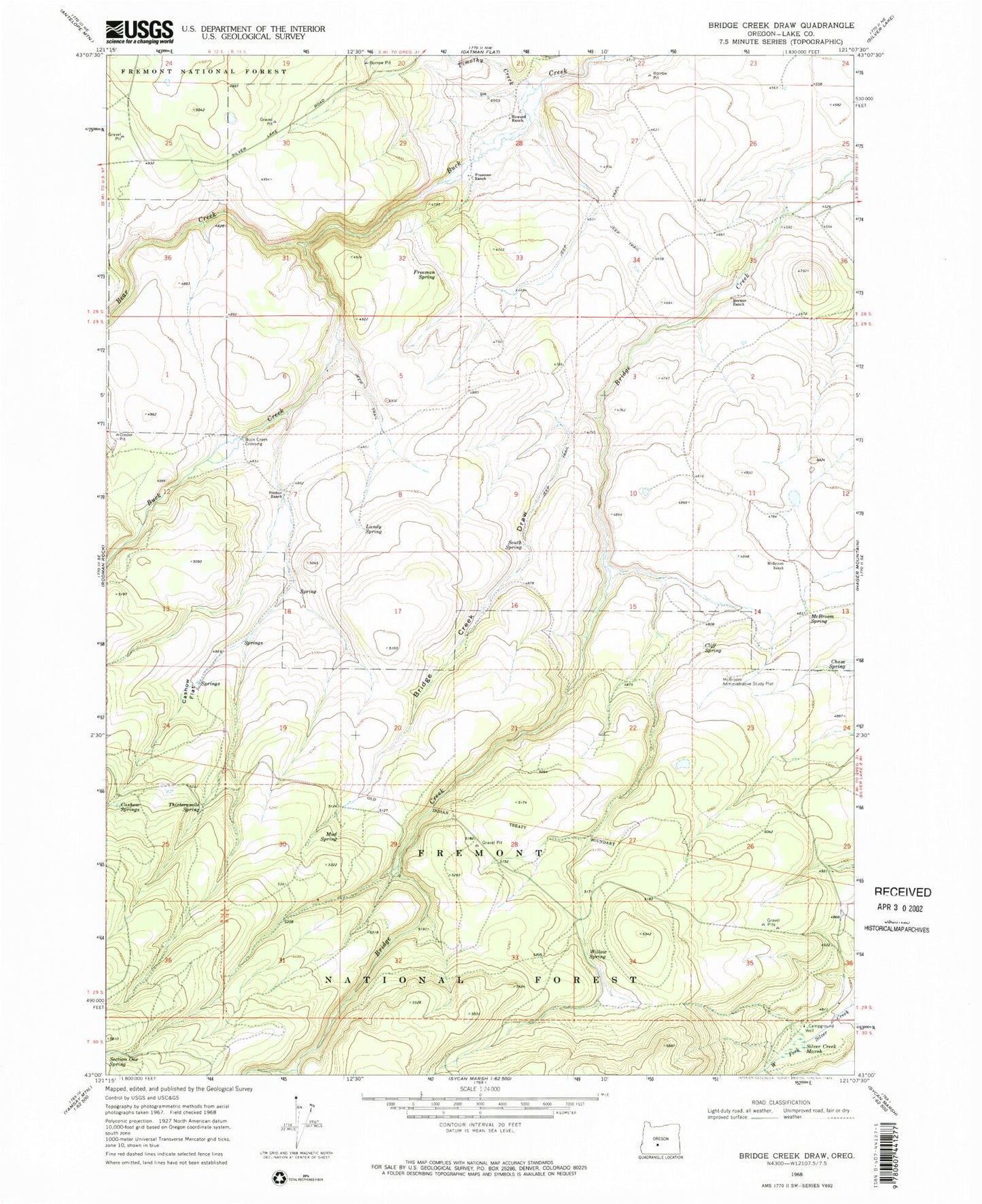 Classic USGS Bridge Creek Draw Oregon 7.5'x7.5' Topo Map Image