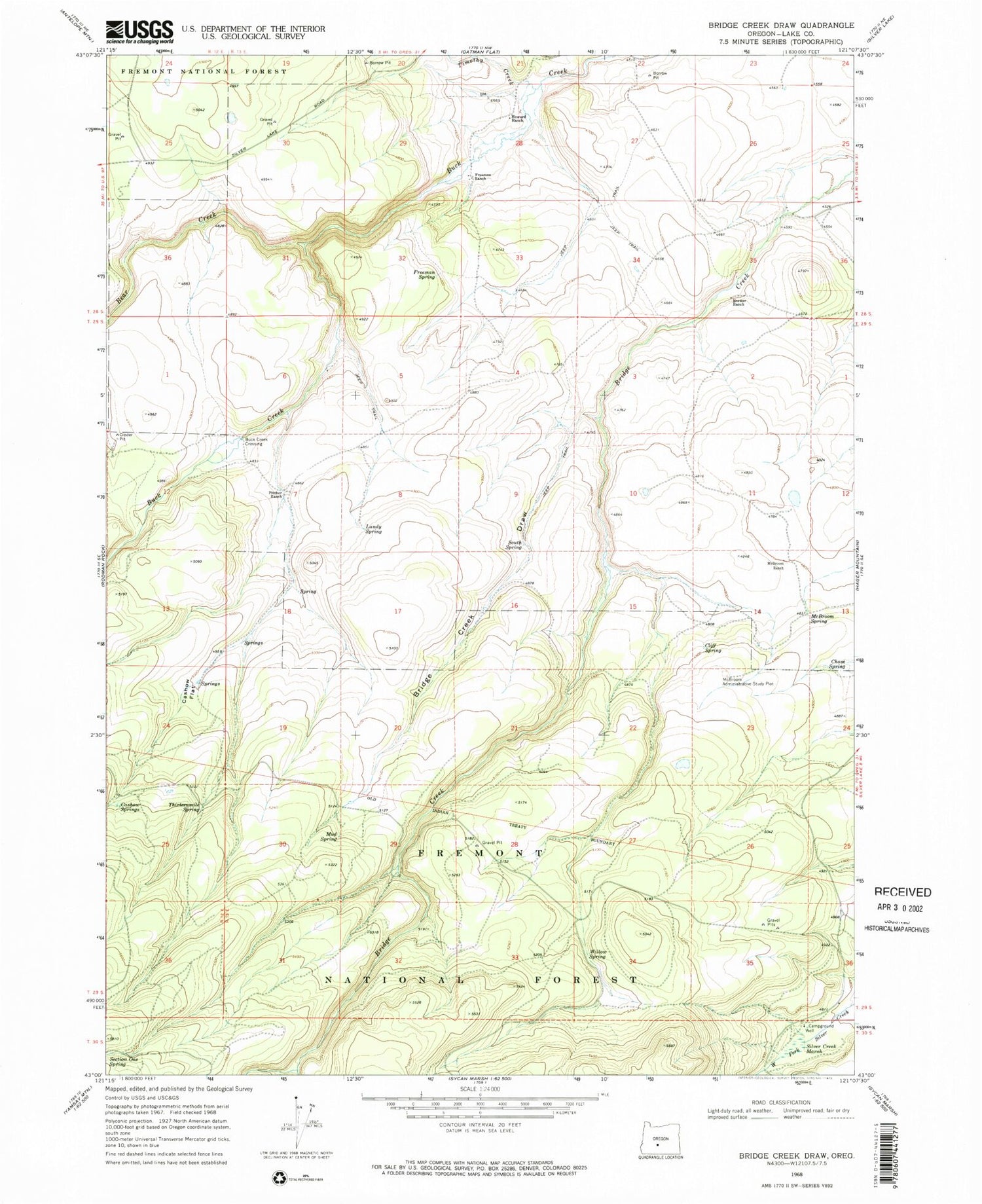 Classic USGS Bridge Creek Draw Oregon 7.5'x7.5' Topo Map Image