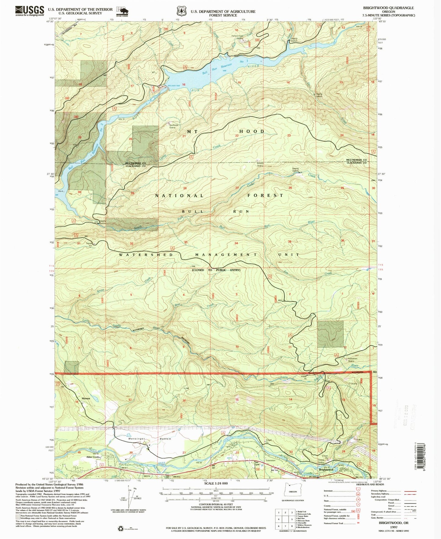 Classic USGS Brightwood Oregon 7.5'x7.5' Topo Map Image
