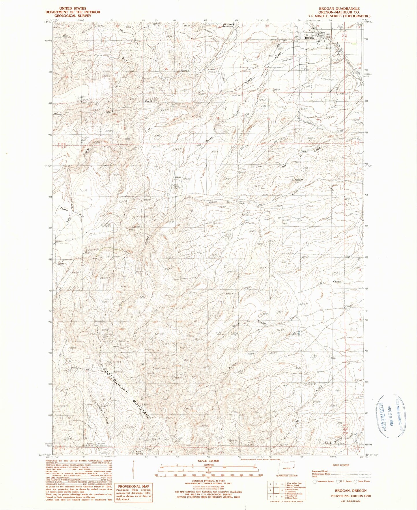 Classic USGS Brogan Oregon 7.5'x7.5' Topo Map Image
