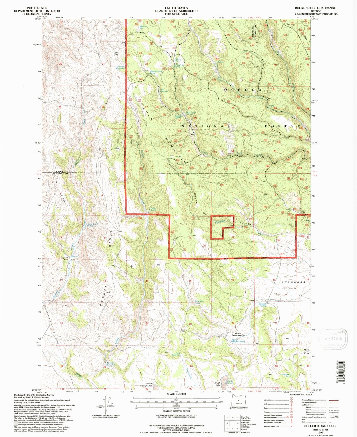 Classic USGS Bulger Ridge Oregon 7.5'x7.5' Topo Map Image