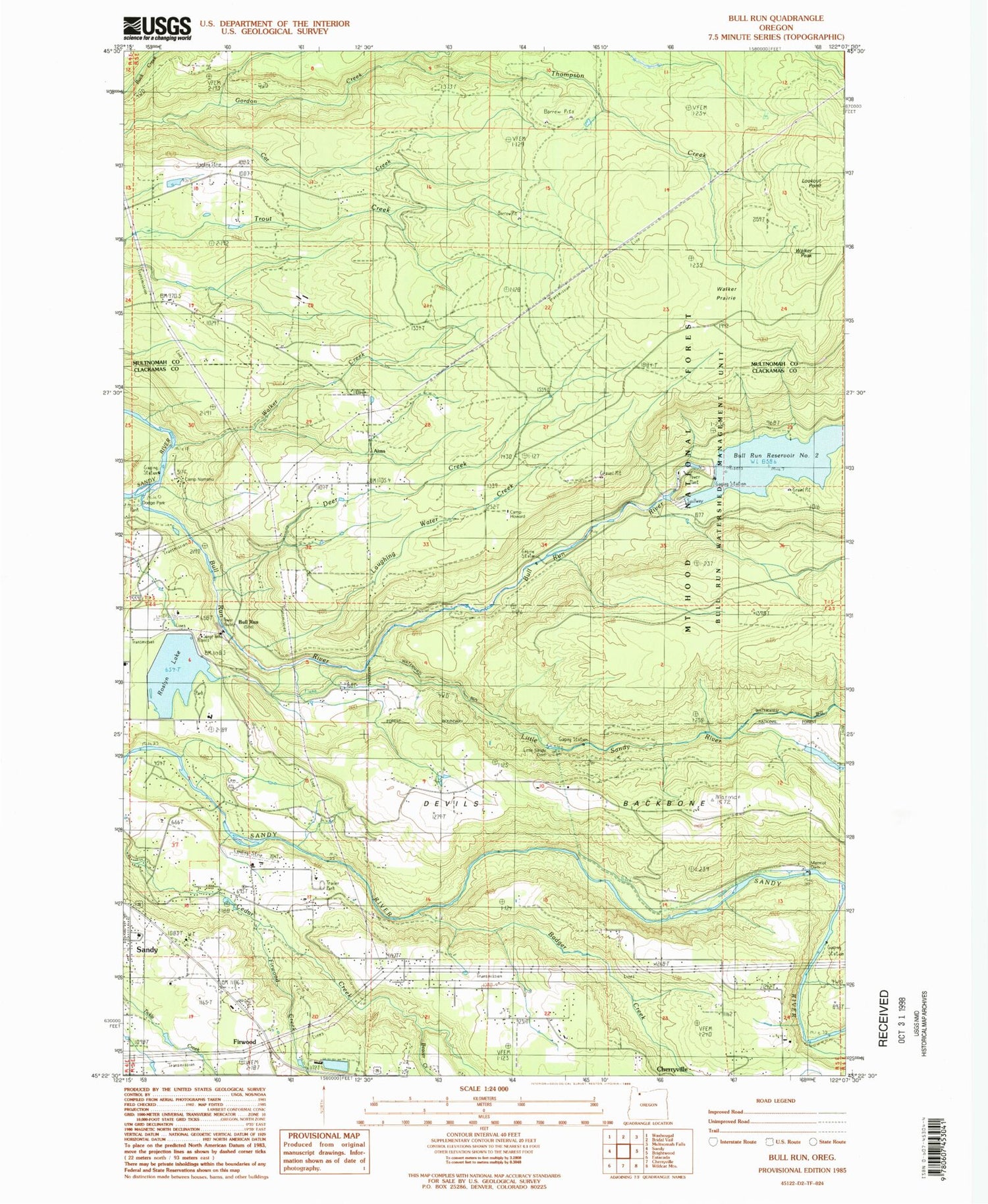 Classic USGS Bull Run Oregon 7.5'x7.5' Topo Map Image