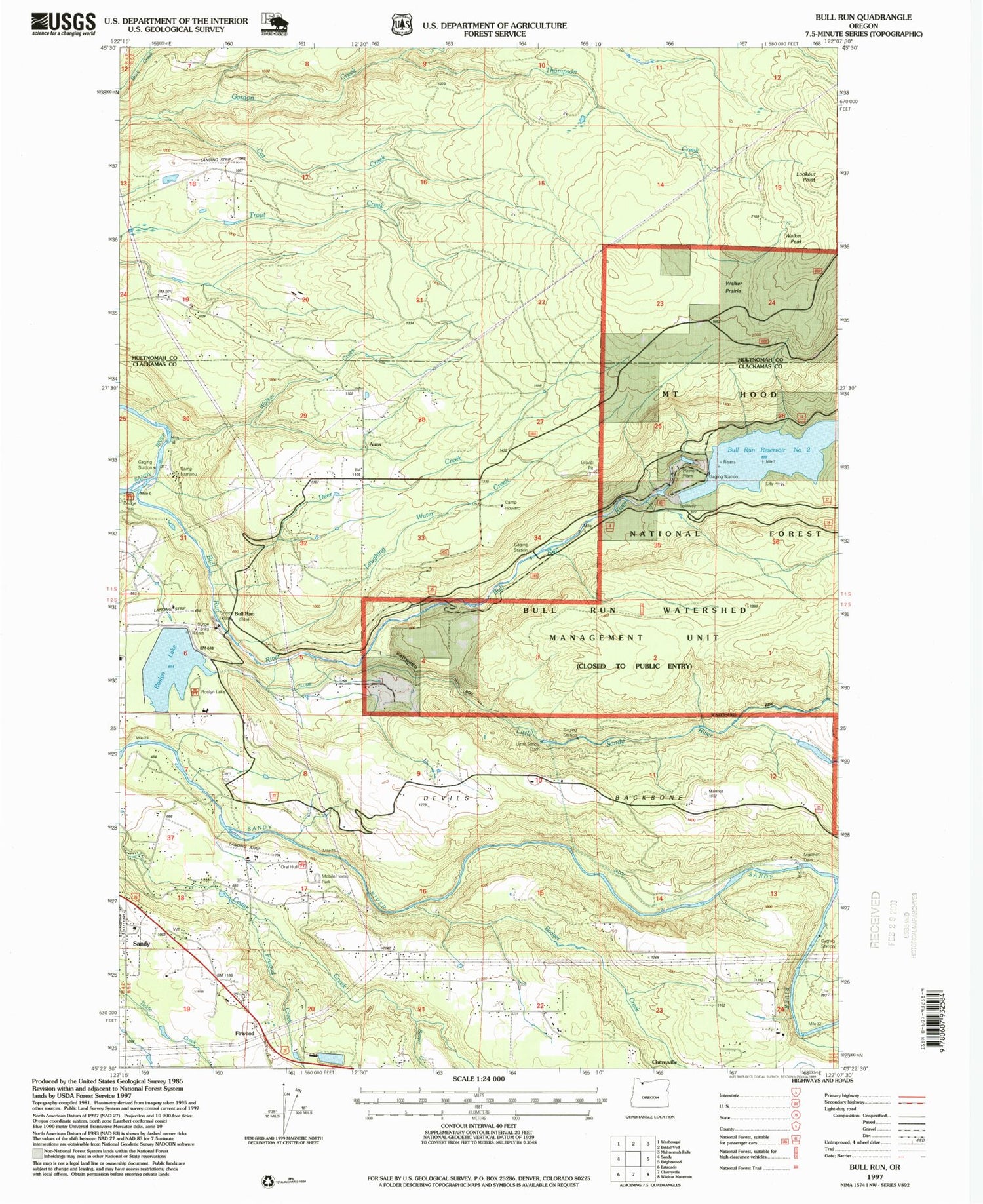 Classic USGS Bull Run Oregon 7.5'x7.5' Topo Map Image