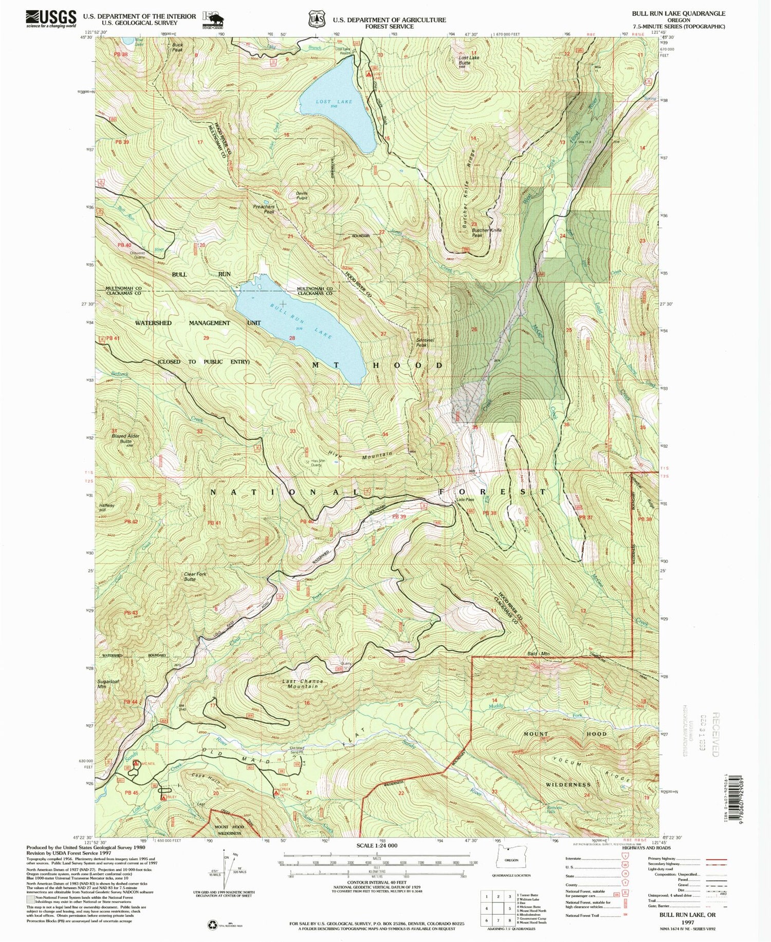 Classic USGS Bull Run Lake Oregon 7.5'x7.5' Topo Map Image