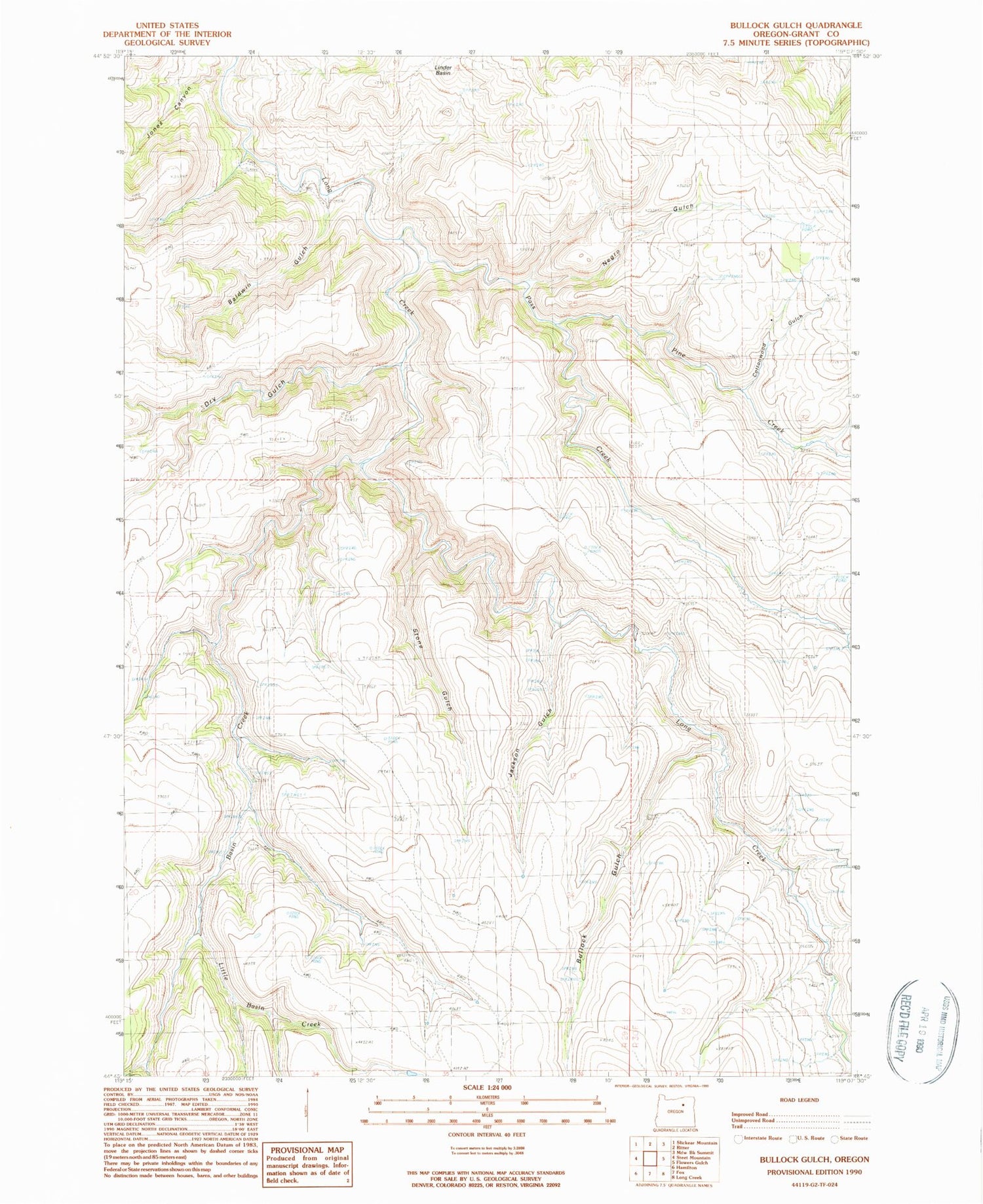 Classic USGS Bullock Gulch Oregon 7.5'x7.5' Topo Map Image