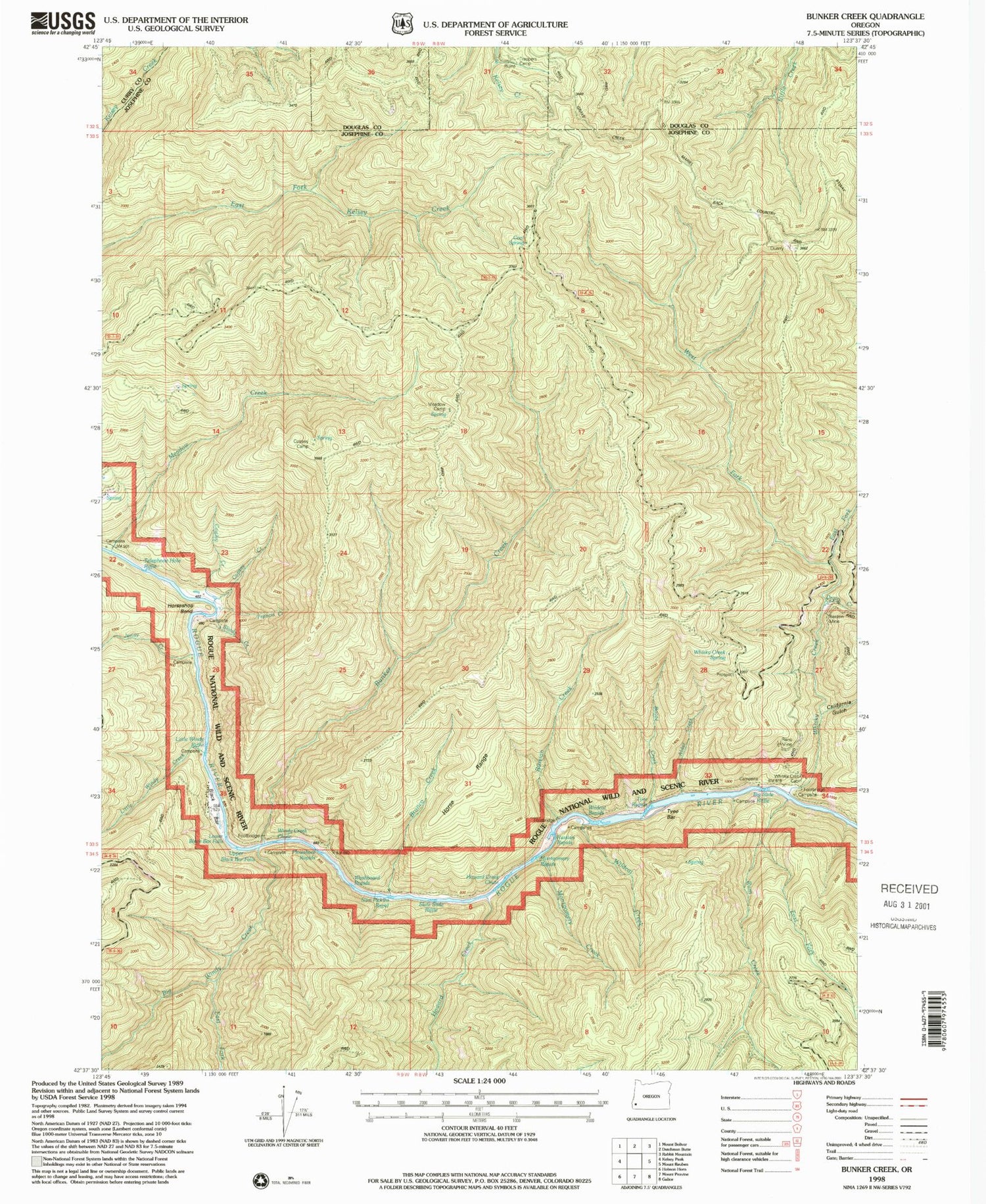 Classic USGS Bunker Creek Oregon 7.5'x7.5' Topo Map Image