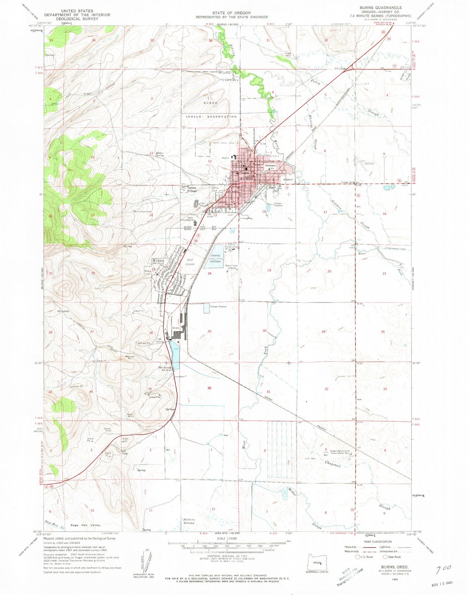 Classic USGS Burns Oregon 7.5'x7.5' Topo Map Image