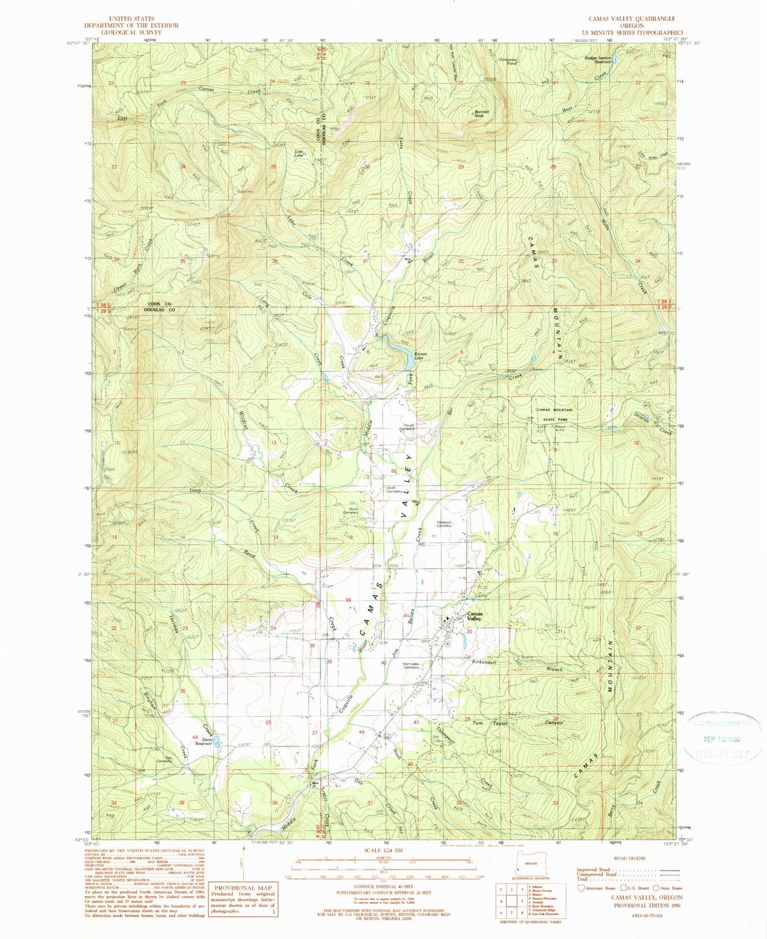 Classic USGS Camas Valley Oregon 7.5'x7.5' Topo Map Image
