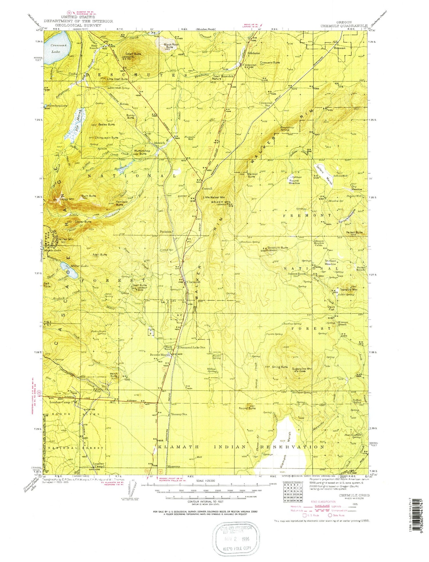 Historic 1935 Chemult Oregon 30'x30' Topo Map Image