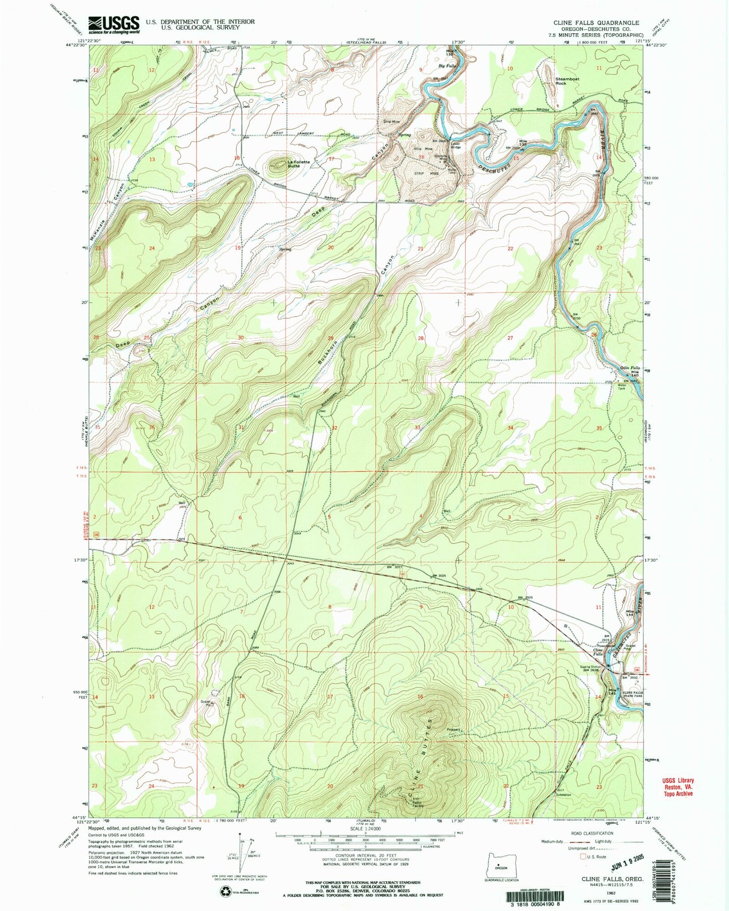 Classic USGS Cline Falls Oregon 7.5'x7.5' Topo Map Image