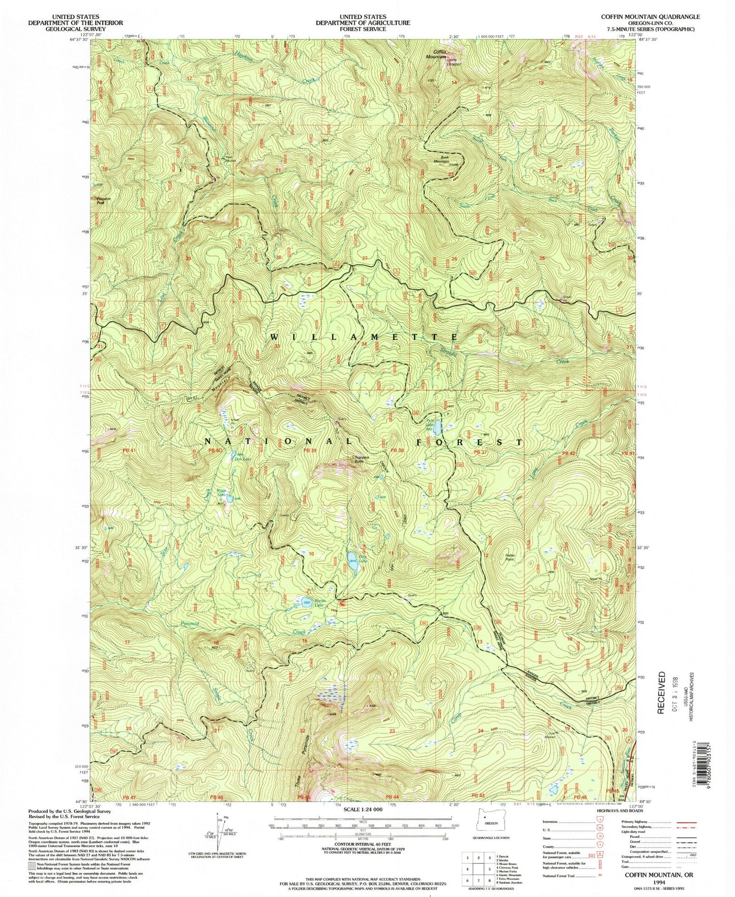 Classic USGS Coffin Mountain Oregon 7.5'x7.5' Topo Map Image