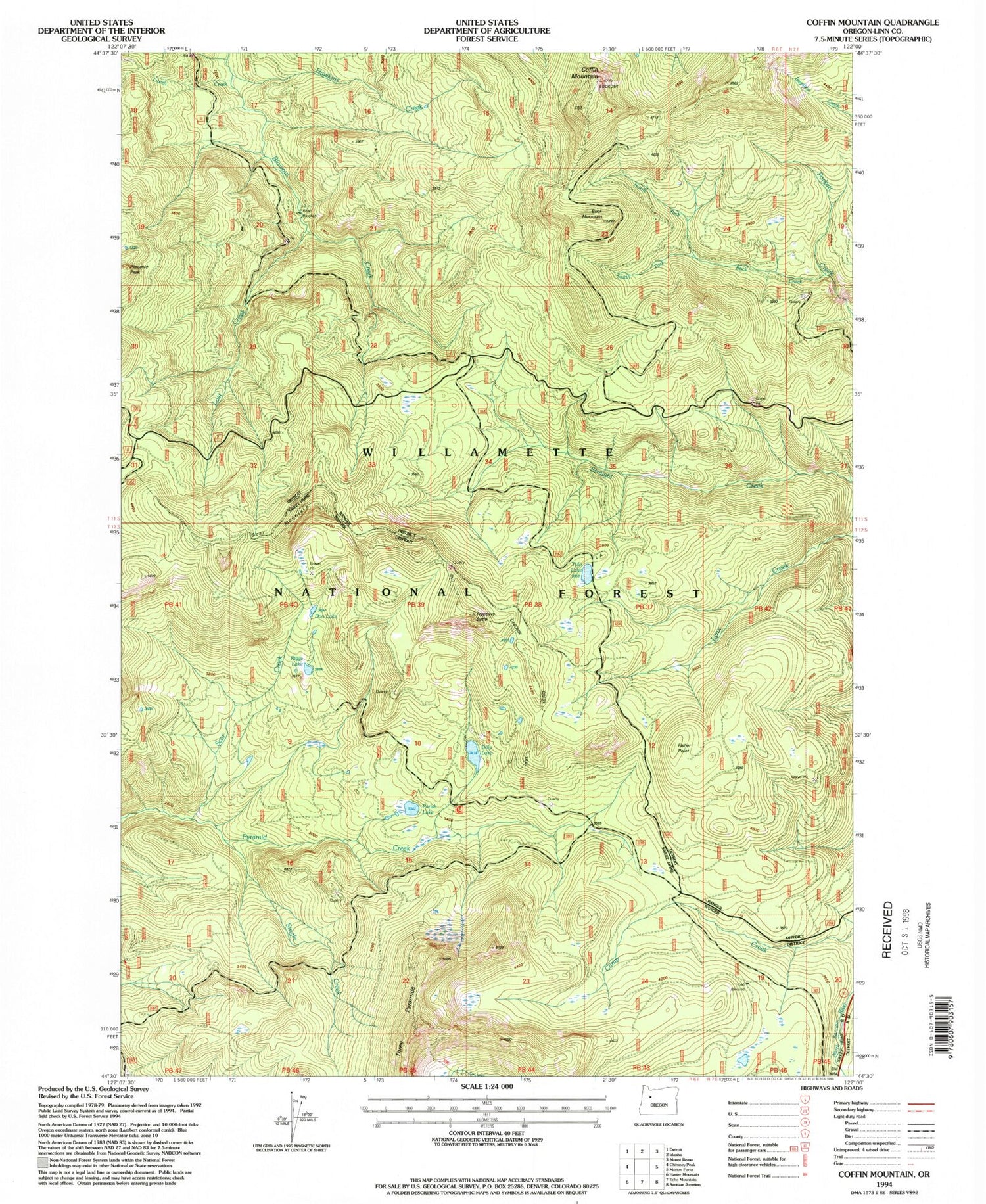 Classic USGS Coffin Mountain Oregon 7.5'x7.5' Topo Map Image