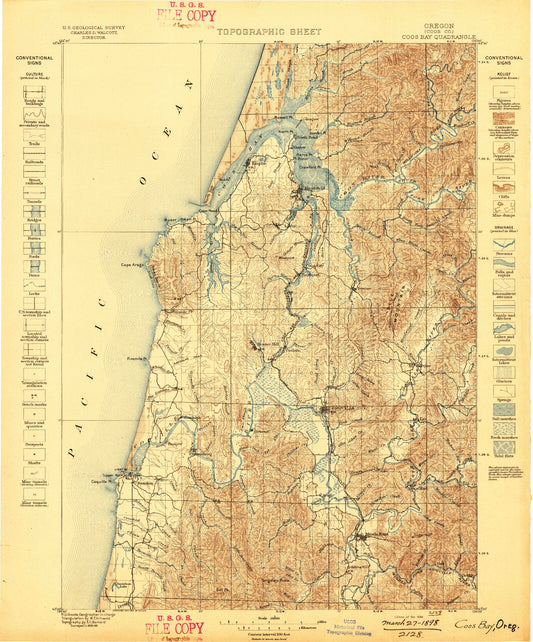 Historic 1898 Coos Bay Oregon 30'x30' Topo Map Image