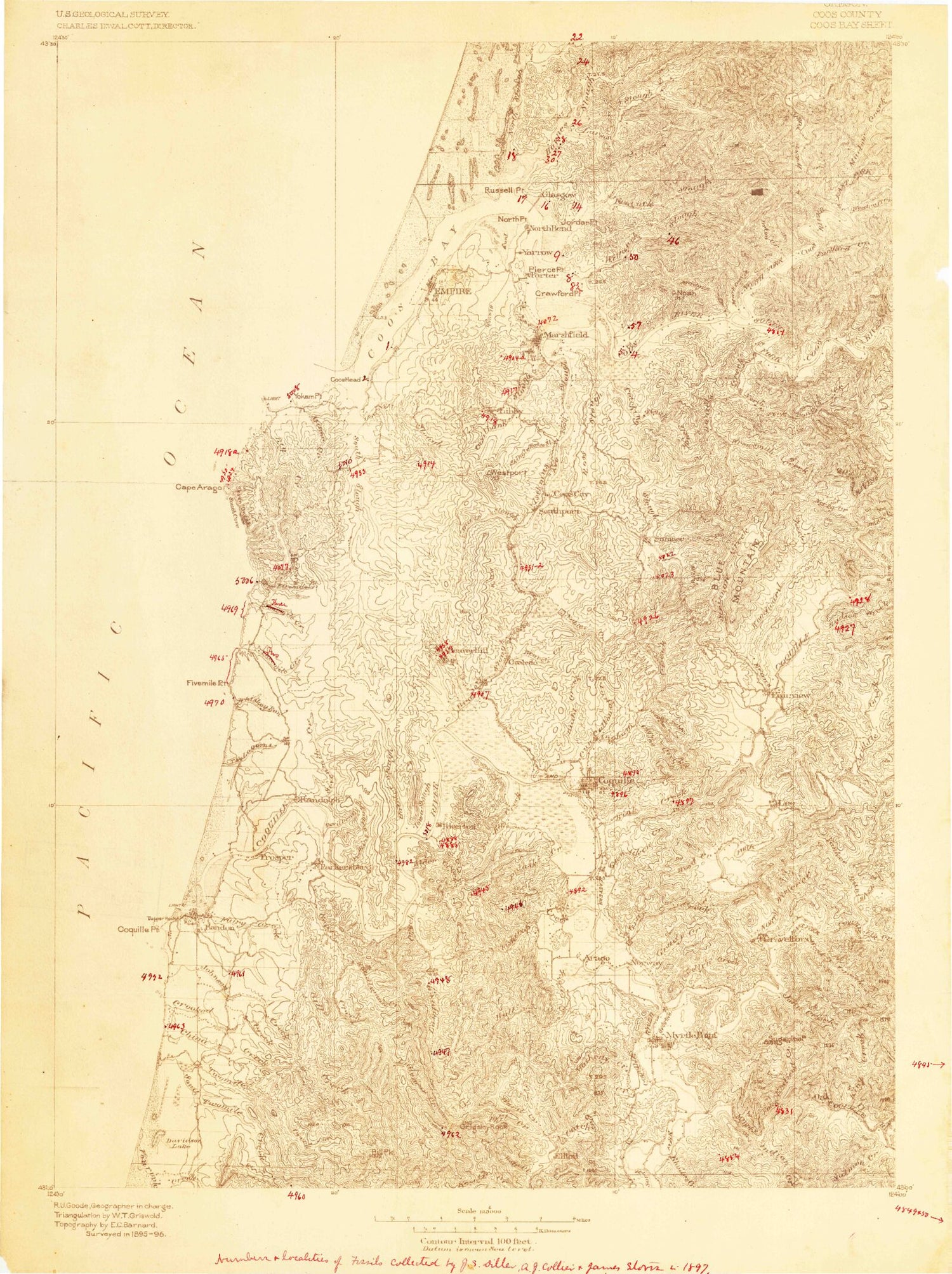 Historic 1896 Coos Bay Oregon 30'x30' Topo Map Image