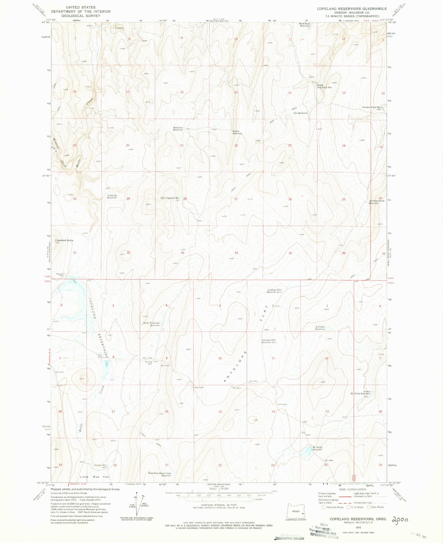 Classic USGS Copeland Reservoirs Oregon 7.5'x7.5' Topo Map Image