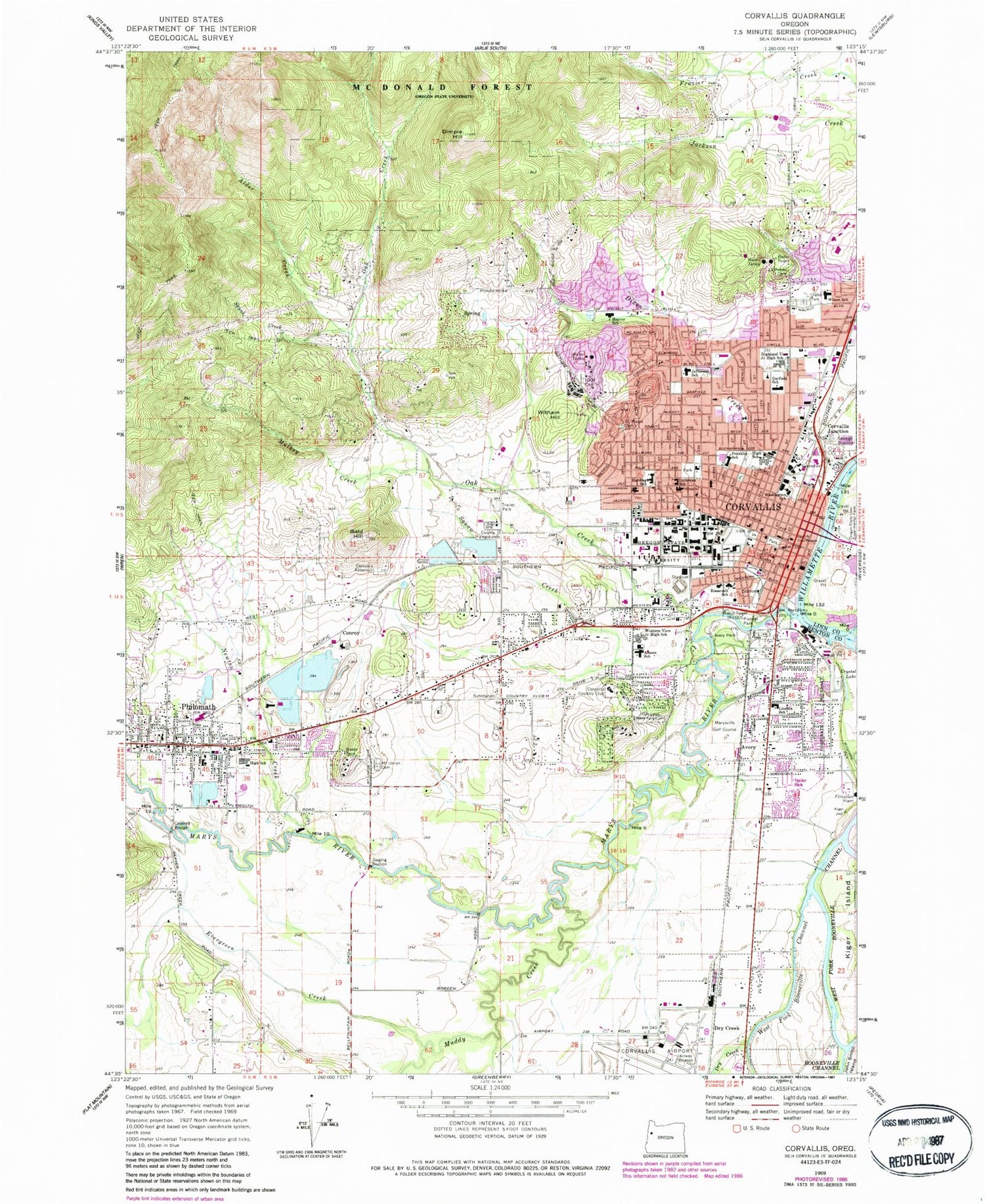 Classic USGS Corvallis Oregon 7.5'x7.5' Topo Map Image