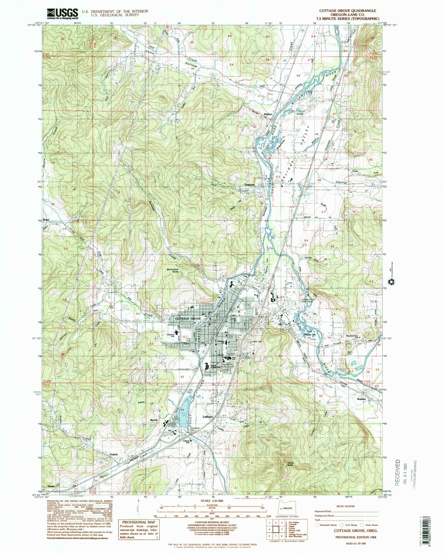 Classic USGS Cottage Grove Oregon 7.5'x7.5' Topo Map Image