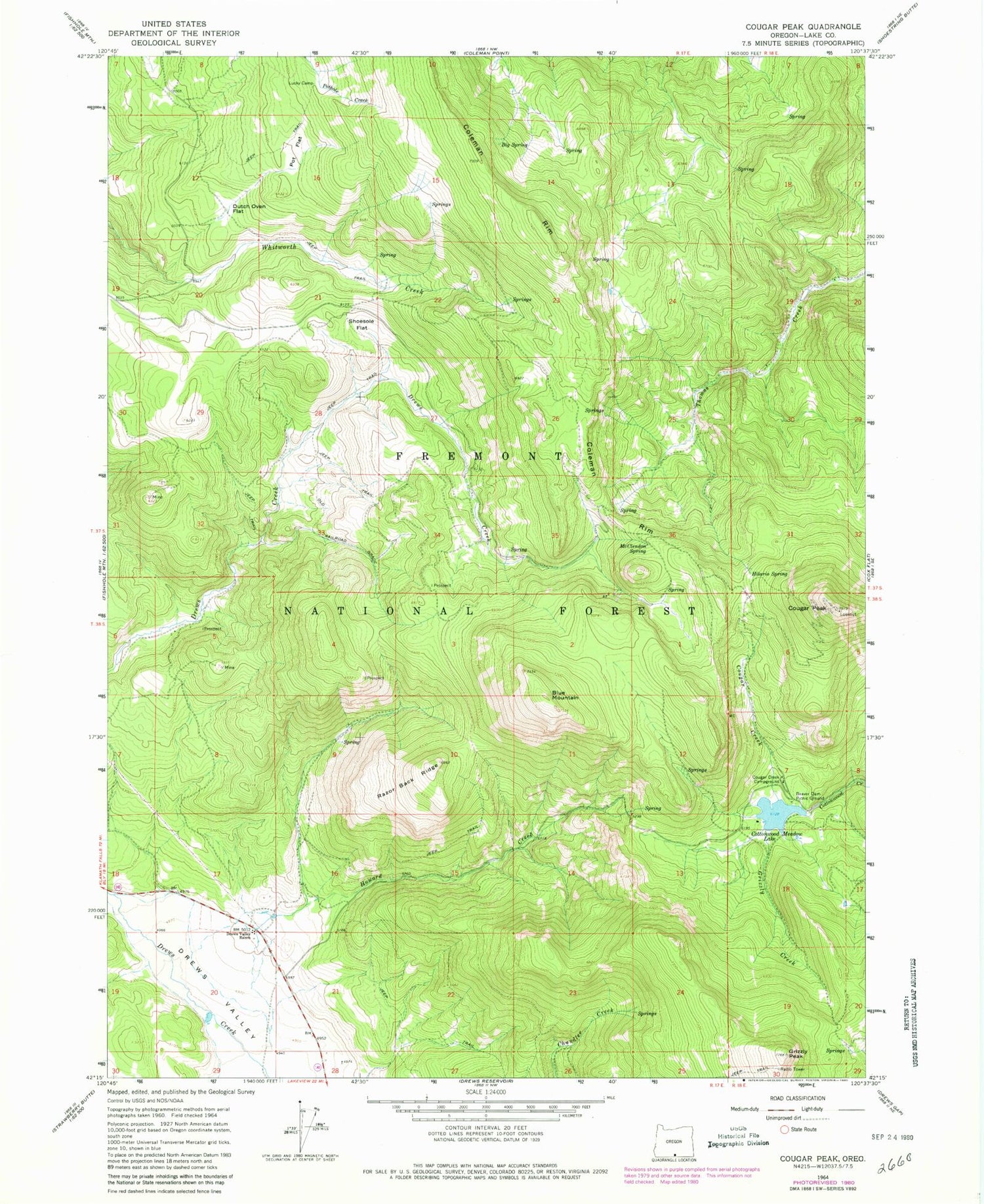 Classic USGS Cougar Peak Oregon 7.5'x7.5' Topo Map Image