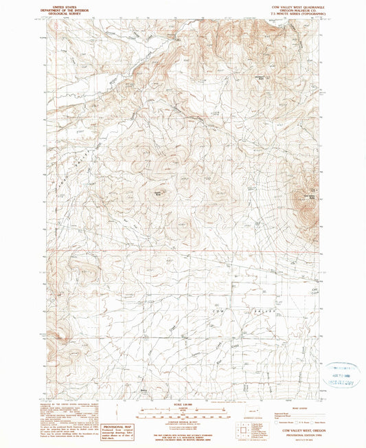 Classic USGS Cow Valley West Oregon 7.5'x7.5' Topo Map Image