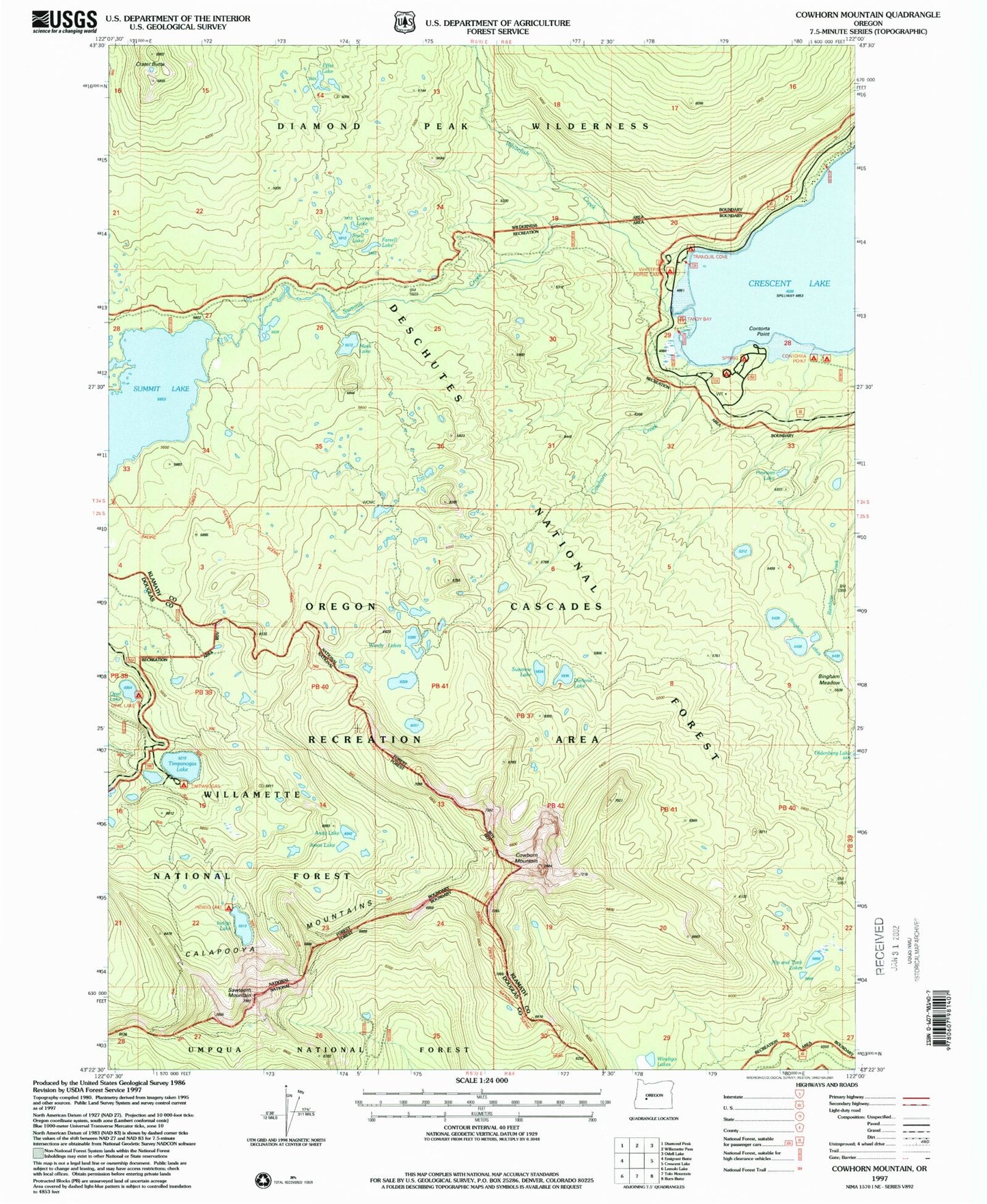 Classic USGS Cowhorn Mountain Oregon 7.5'x7.5' Topo Map Image