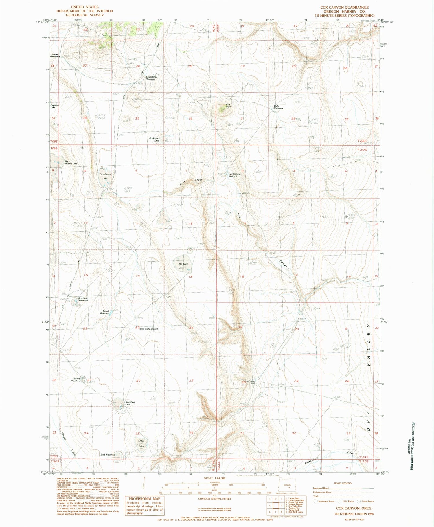 Classic USGS Cox Canyon Oregon 7.5'x7.5' Topo Map Image